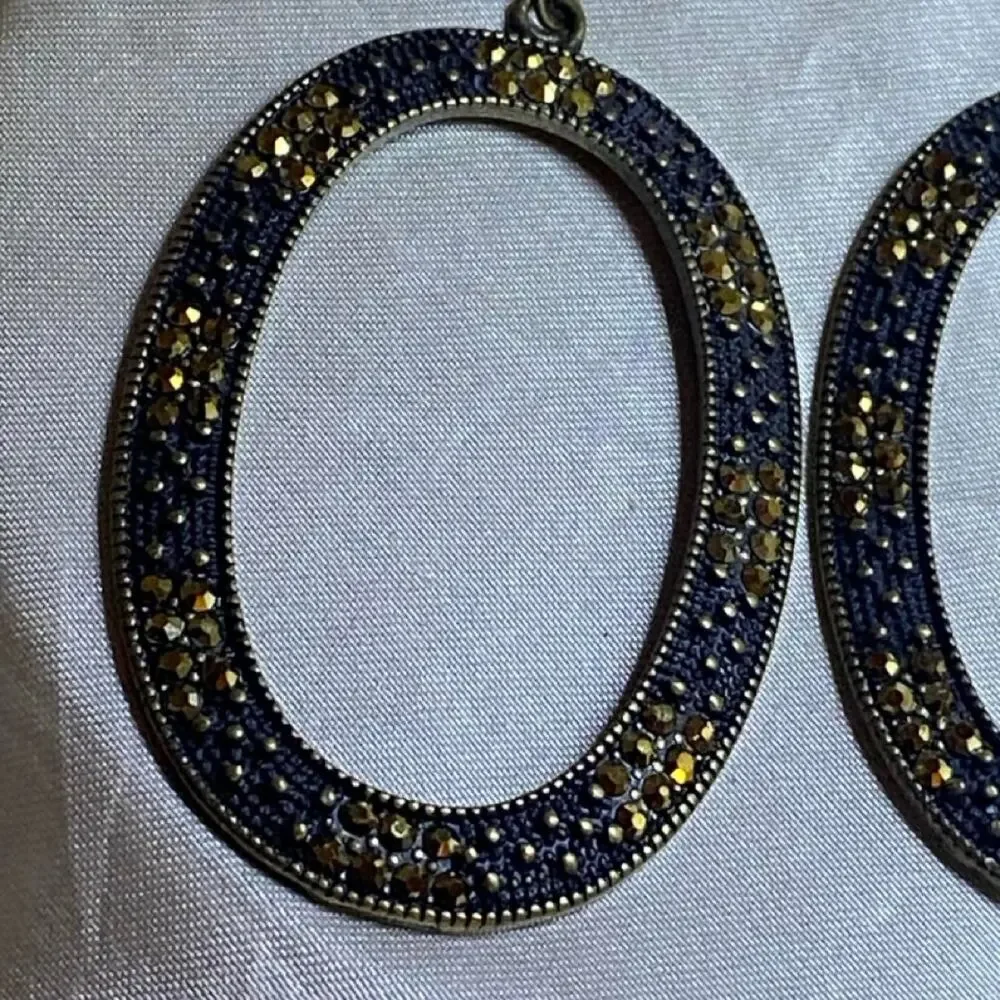 Vintage Antiqued Brass Tone Oval Dangle Earrings Golden Rhinestone Crystal Drops